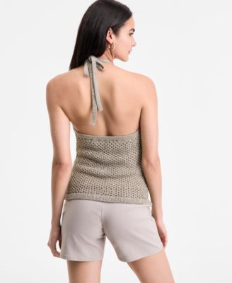 Women's Floral-Appliqué Metallic-Knit Halter Top, Exclusively at Macy's