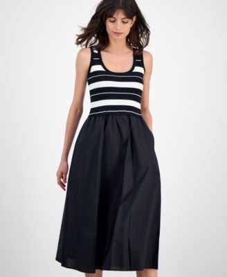 Women's Striped-Bodice Mixed-Media Midi Dress