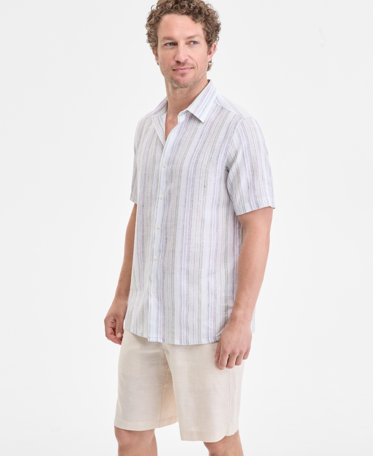 Men's Elevated Barry Regular-Fit Stripe Button-Down Linen Shirt, Exclusively at Macy's - White