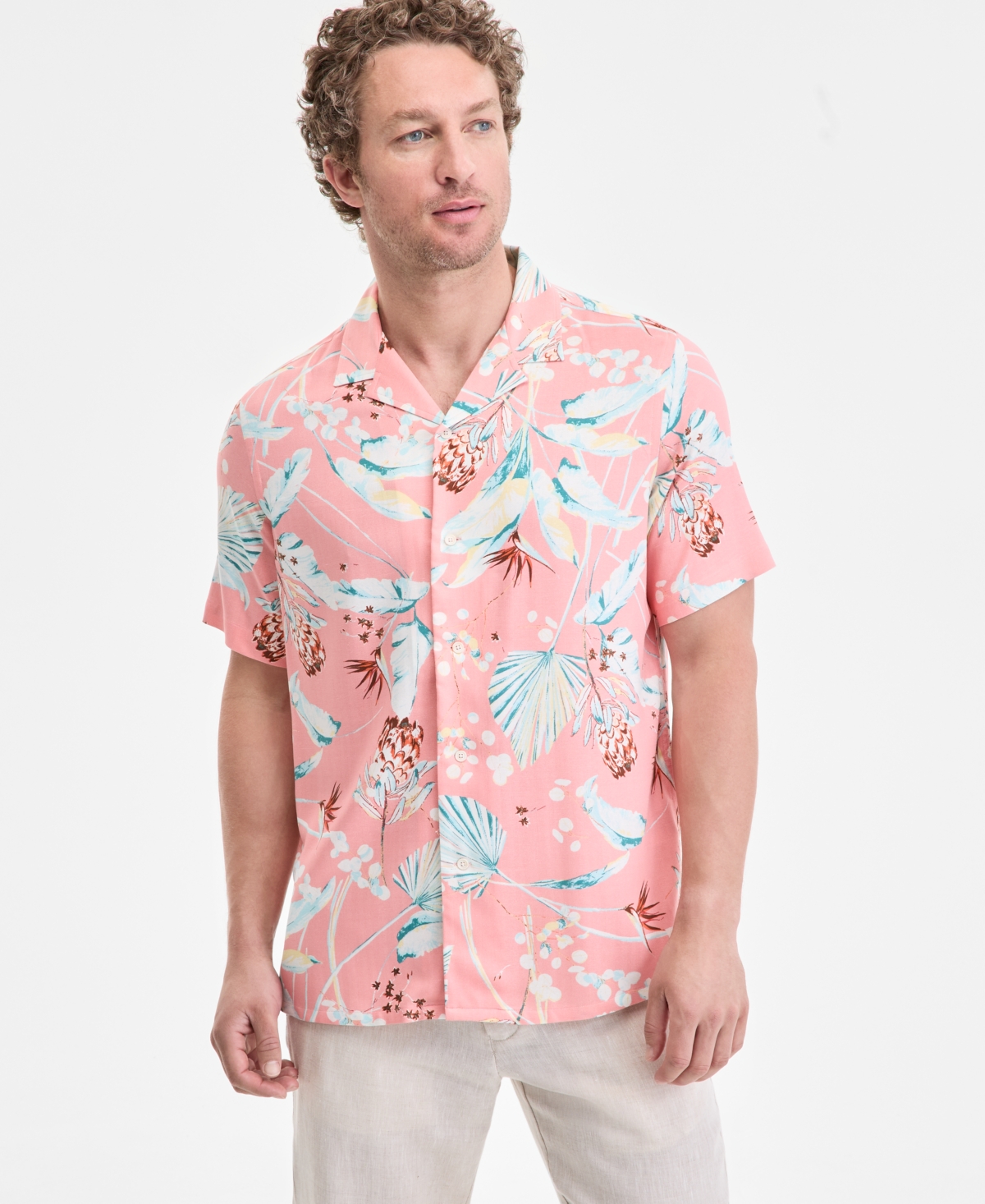 Men's Elevated Kurt Regular-Fit Floral Button-Down Camp Shirt, Exclusively at Macy's - Pink