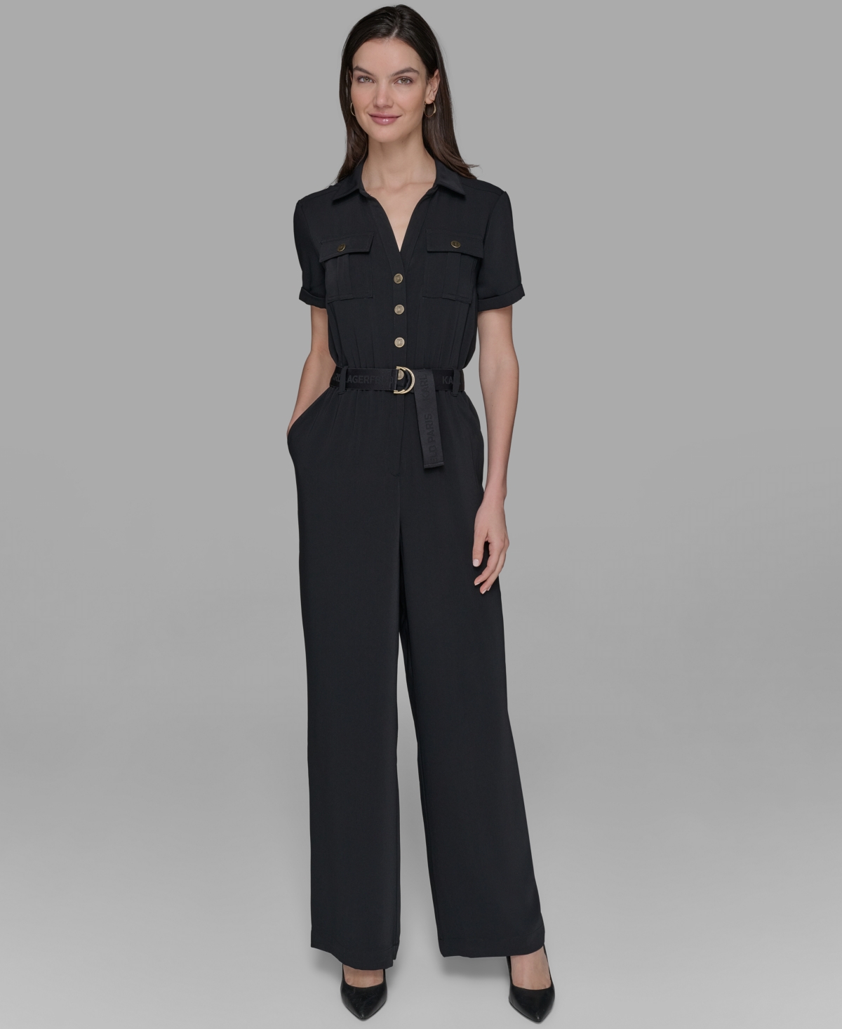 Petite Belted Short-Sleeve Button-Front Jumpsuit - Black