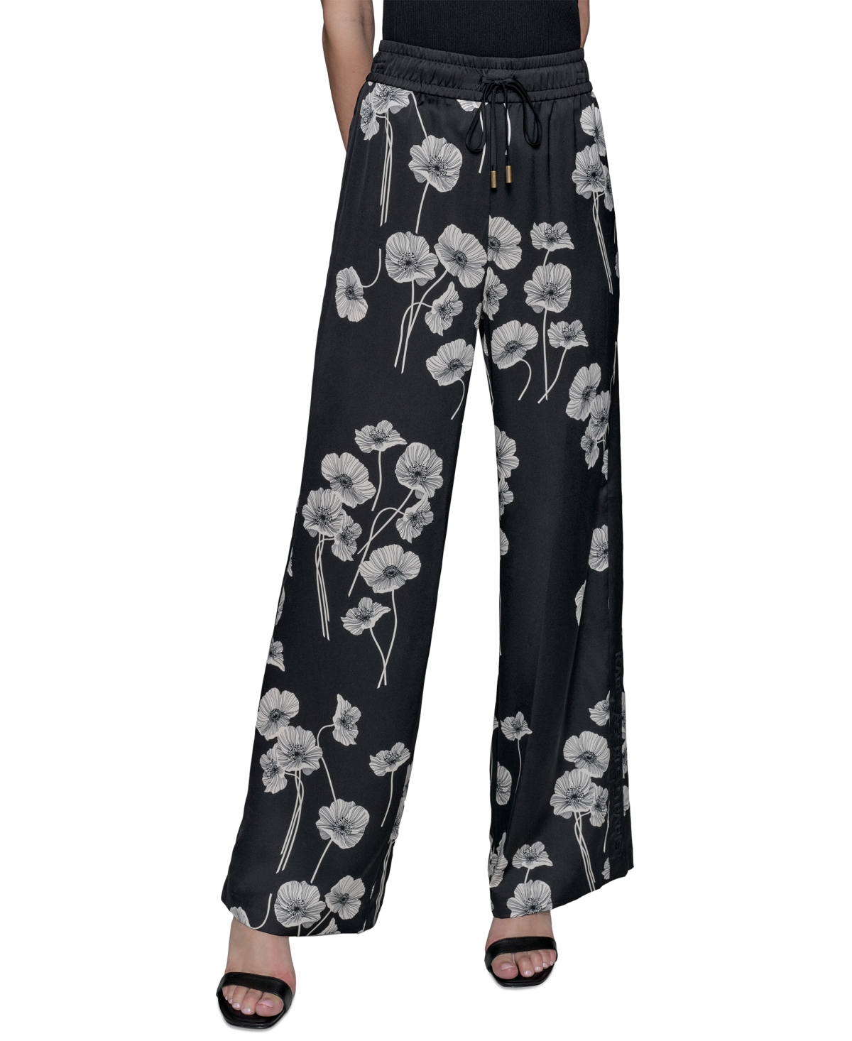 Women's Floral-Print Drawstring Pants - Black/cream