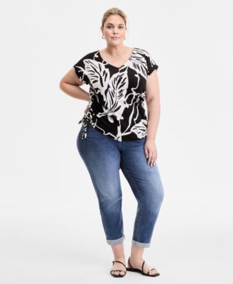 Inc International Concepts Plus Size Printed Side Tie V Neck Top Slim Tech Rolled Cuff Boyfriend Jeans Exclusively At Macys In Black