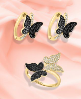 Black White Diamond Butterfly Hoop Earrings Ring Jewelry Collection In 14k Gold