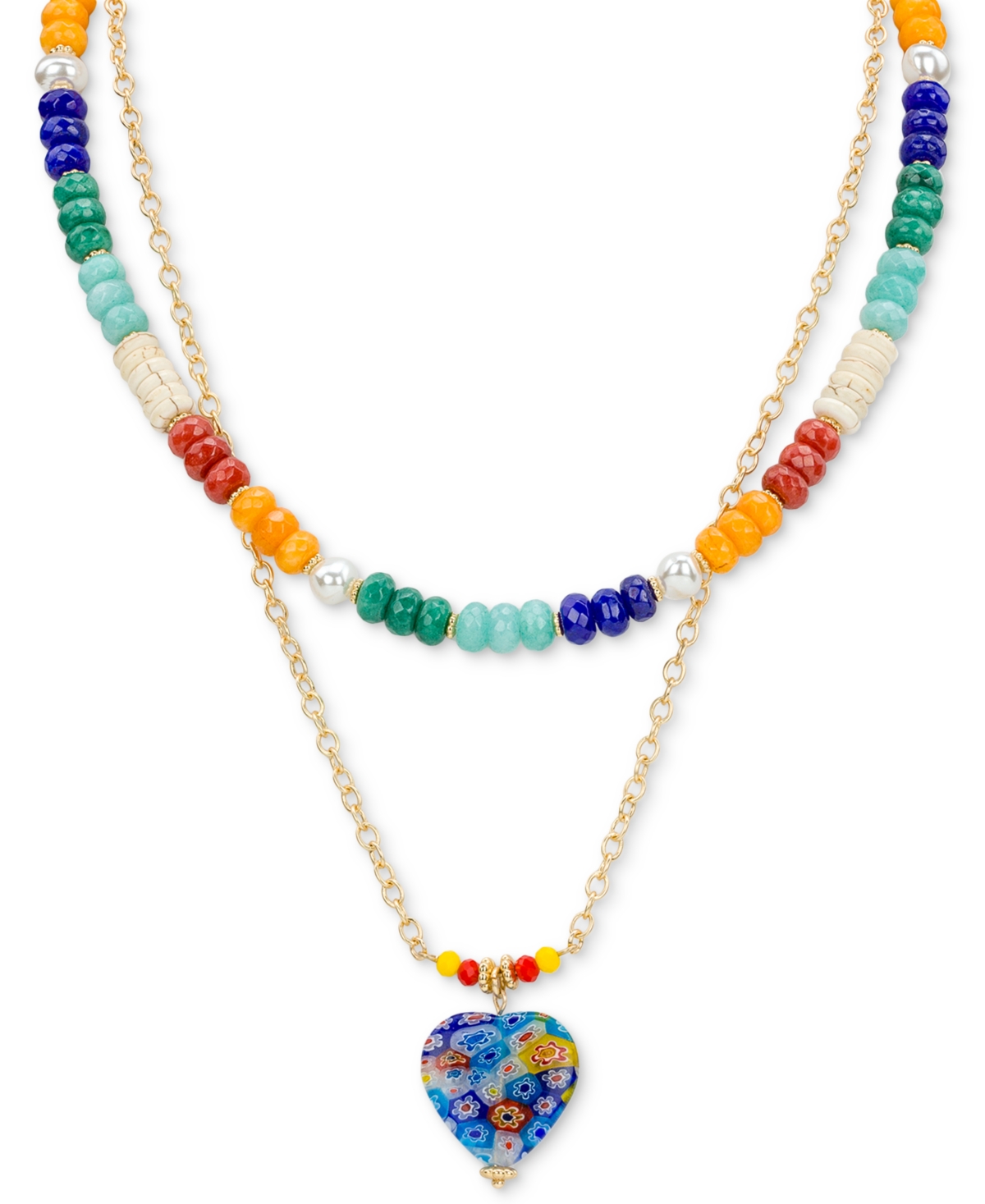 Gold-Tone 2-Pc. Set Beaded & Heart Pendant Convertible Layered Necklace, 19" + 3" extender - Matte Gold