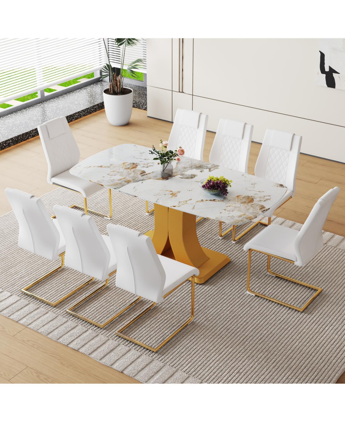 Streamdale Furniture Pandora Glass Dining Set 71" Table & 8 White Pu Chairs