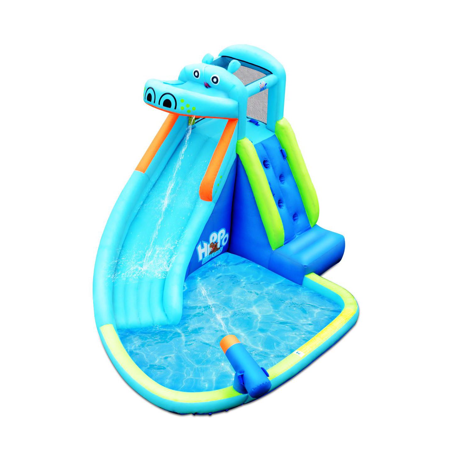 Детская игрушка Costway Inflatable Kids Hippo Bounce House Slide Climbing Wall Splash Pool w/, цвет: Синий — фото 9