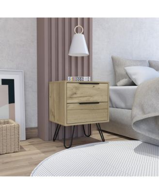 Two Drawer Nightstand in Faux Wood Finish for Bedside or Living Room