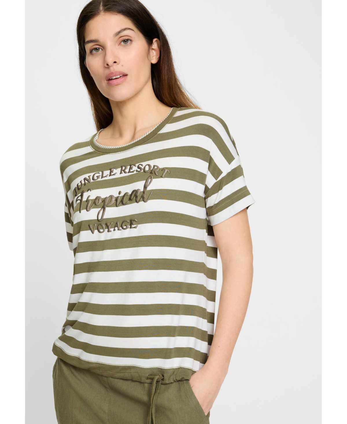 Women's Striped Tee with Puff Print Detail - Olive