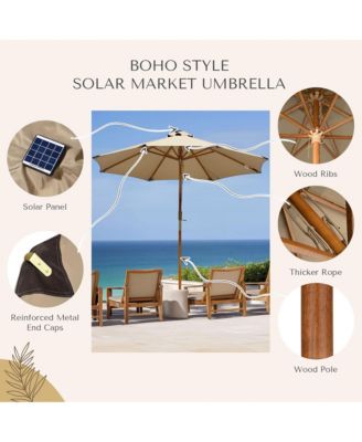 Boho 32 LED 9Ft Wood Market Patio Umbrella with Solar Lights for Bar Hotel Resort Alfresco Dining Rooftop Restauran Mocha