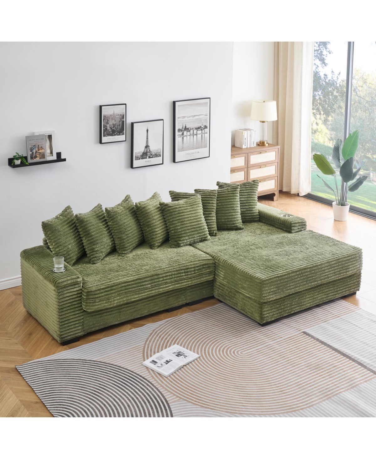 Streamdale Green Corduroy Sofa w/ Cup Holders, Lockers & Reversible Chaise
