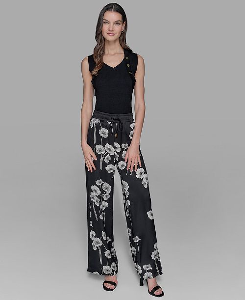 alfani KARL LAGERFELD PARIS Petite Floral Print Wide-Leg Pants Women's Fashion Shoes & Accessories