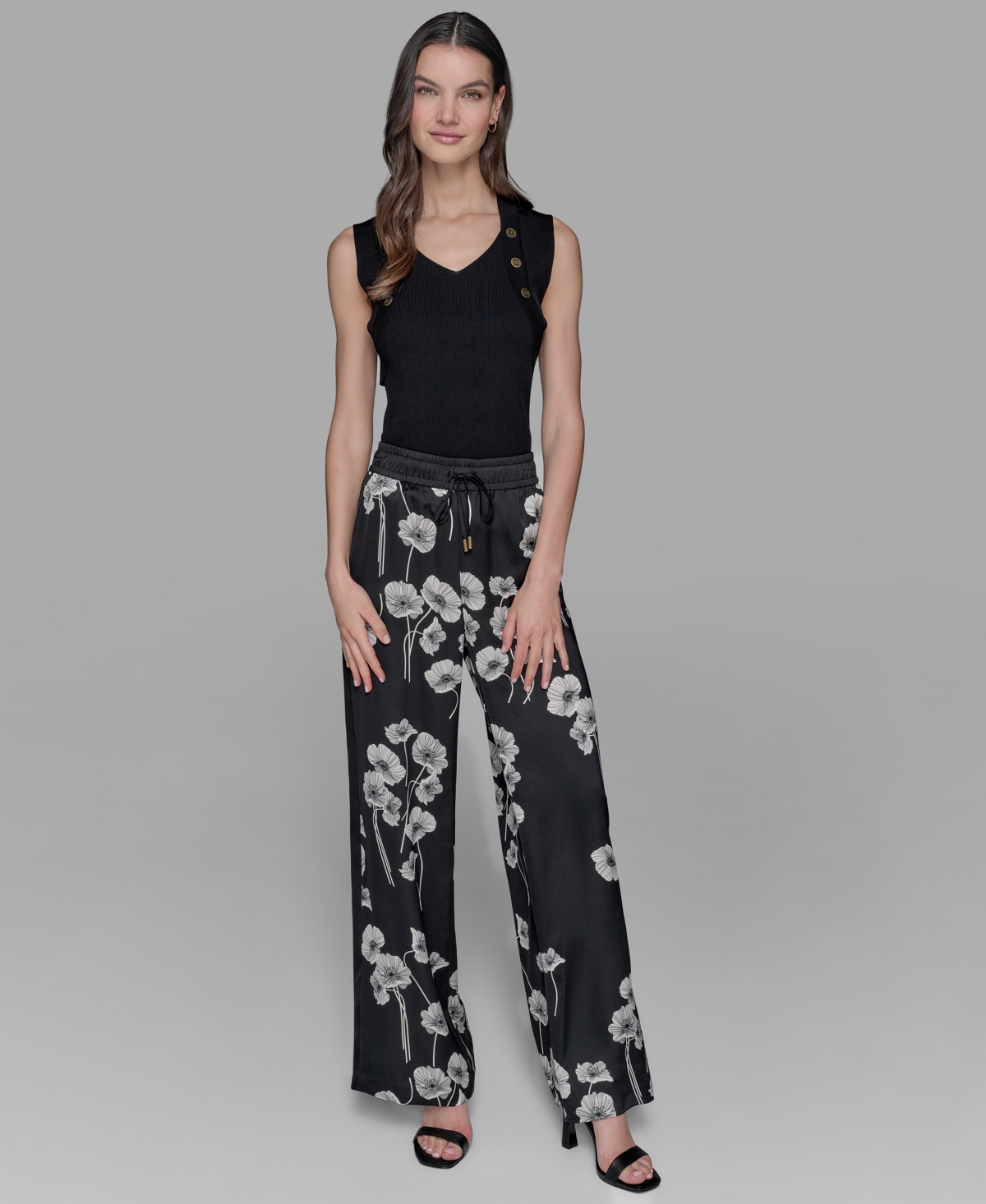 Petite Floral Print Wide-Leg Pants - Black/Cream