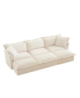 Cream Chenille 3-Seat Sofa with Ottomans & Sleeper