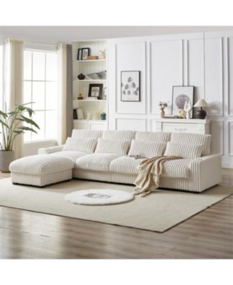 Streamdale 126" Corduroy L-Shaped Sofa w/ Cup Holder, USB, Pillows & Ottoman