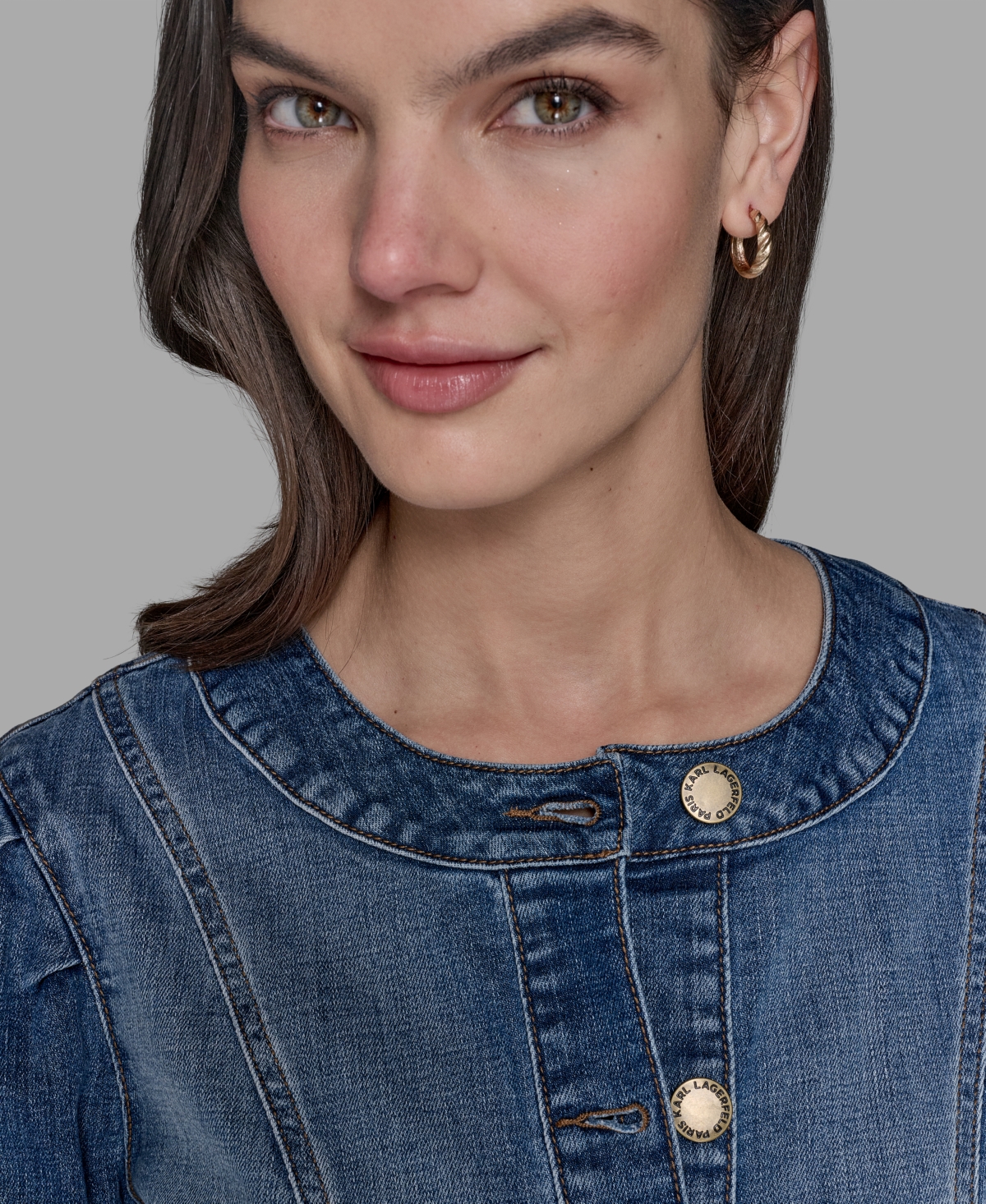 Karl Lagerfeld Petite Crewneck Button-front Denim Jacket In Blue