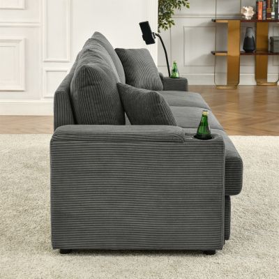 Modern Sofa, Storage & Ottoman, Comfy Grey Couch w/ Cup Holders & Chargers
