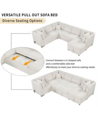 108" U-Shaped Sectional Sofa Bed with Storage Chaise, USB Ports & Power Sockets
