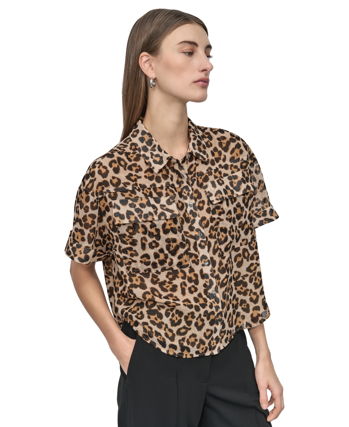 Petite Printed Short-Sleeve Button-Front Shirt - Whiskey/Black