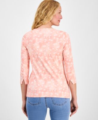 Women's Printed Pima Cotton 3/4-Sleeve Boat-Neck Top, Exclusively at Macy's