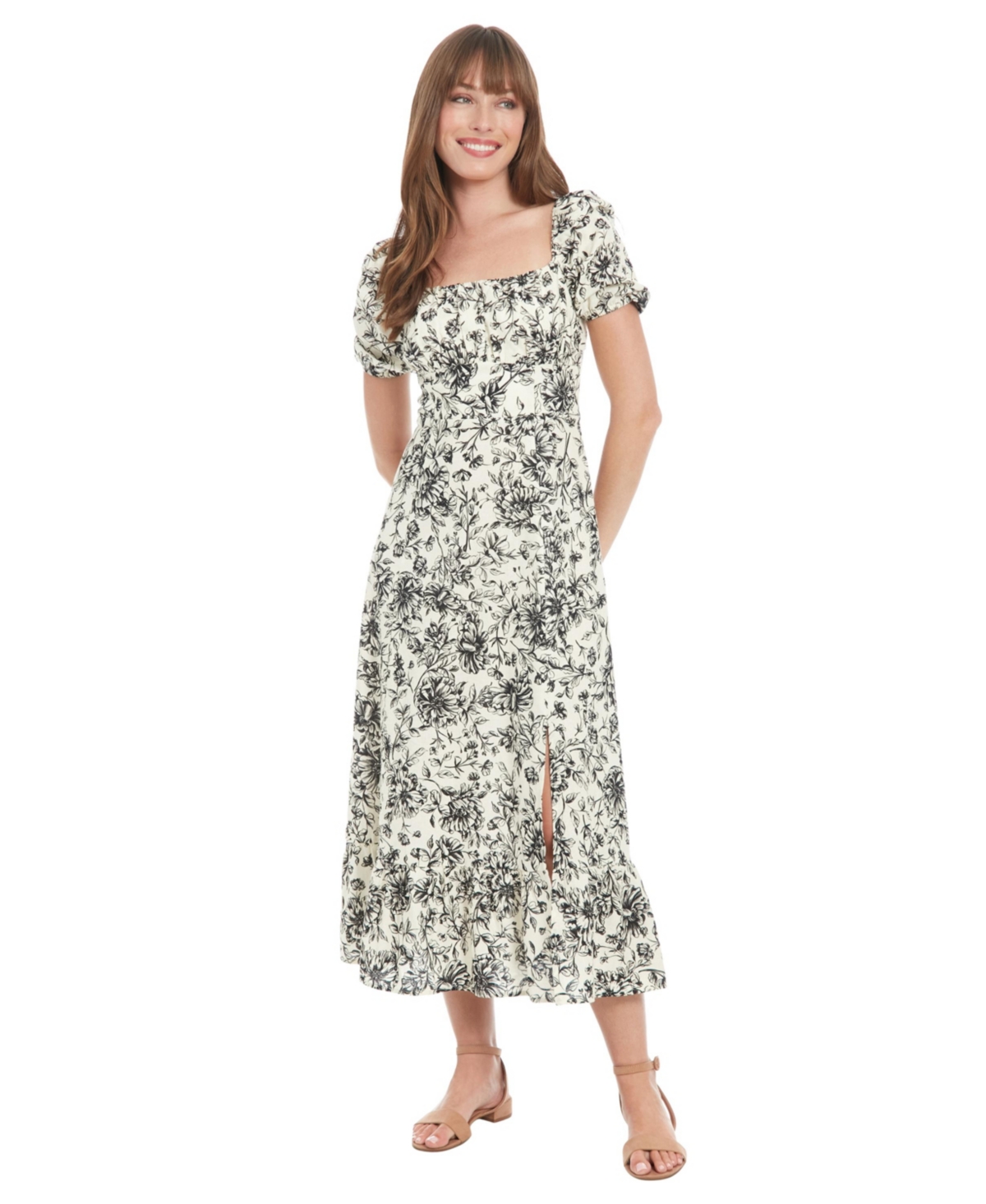Women's Puff-Sleeve Ruched Smocked-Back Empire Midi Dress - Ivory/ Black