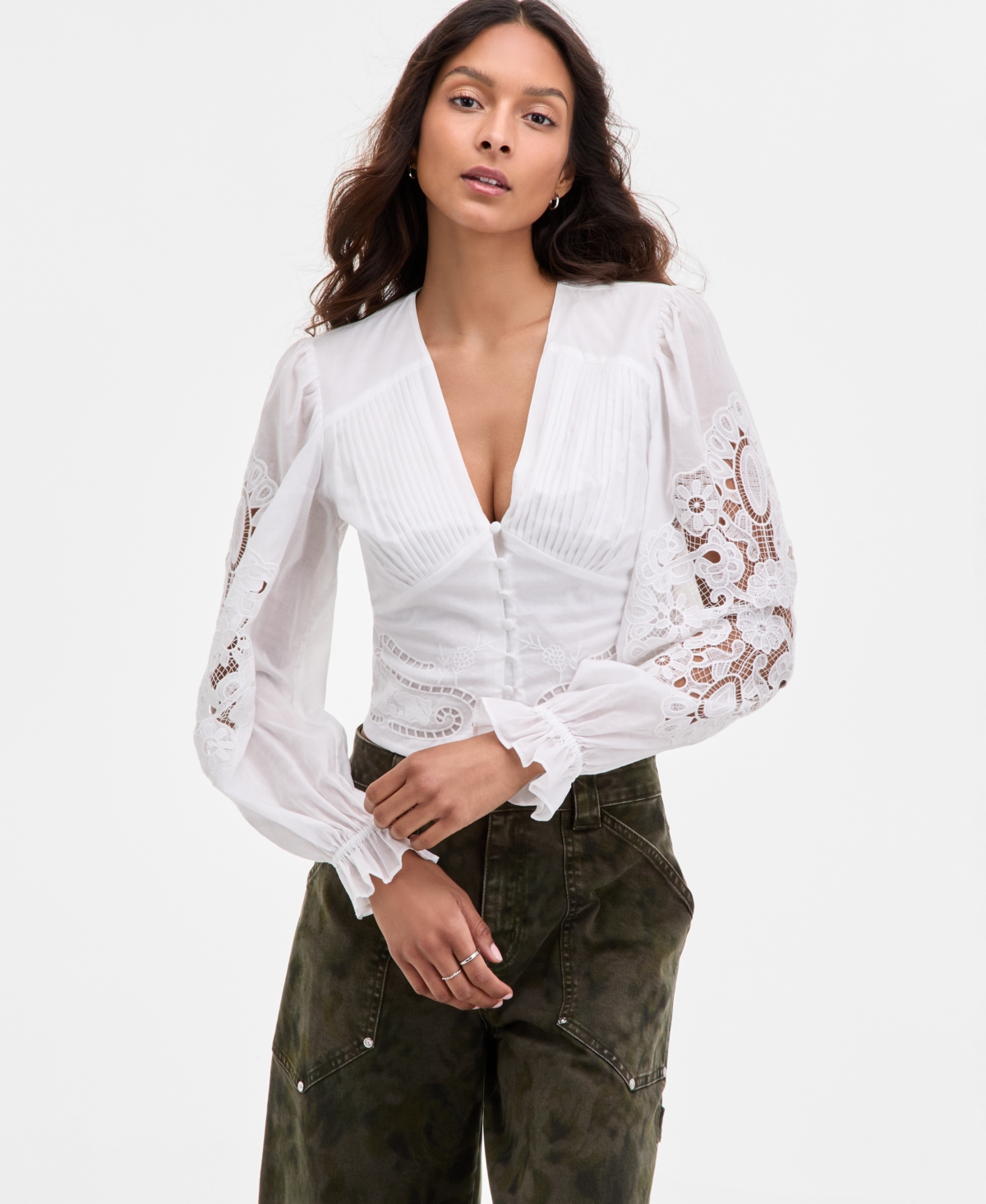 Avec Les Filles Women's Cotton Pintuck Lace-trim Button-front Blouse In White