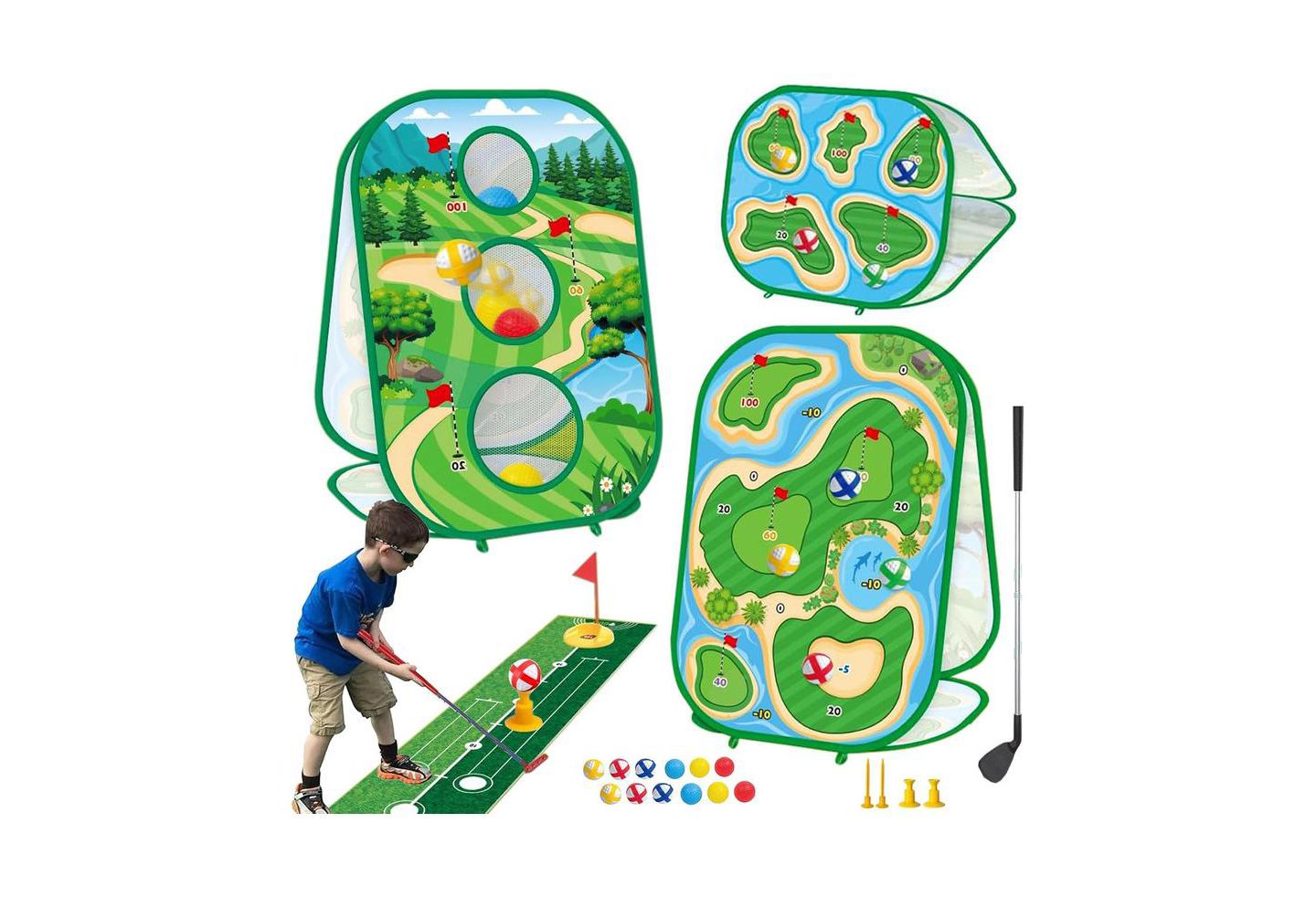 Детские игрушки TITQWOP 4-in-1 Sticky Golf Games Set with Putting Mat, Chipping Net & Cornhole Board, Ages 4+ — фото 1