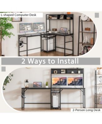 L-shaped Desk with Power Outlet Hutch