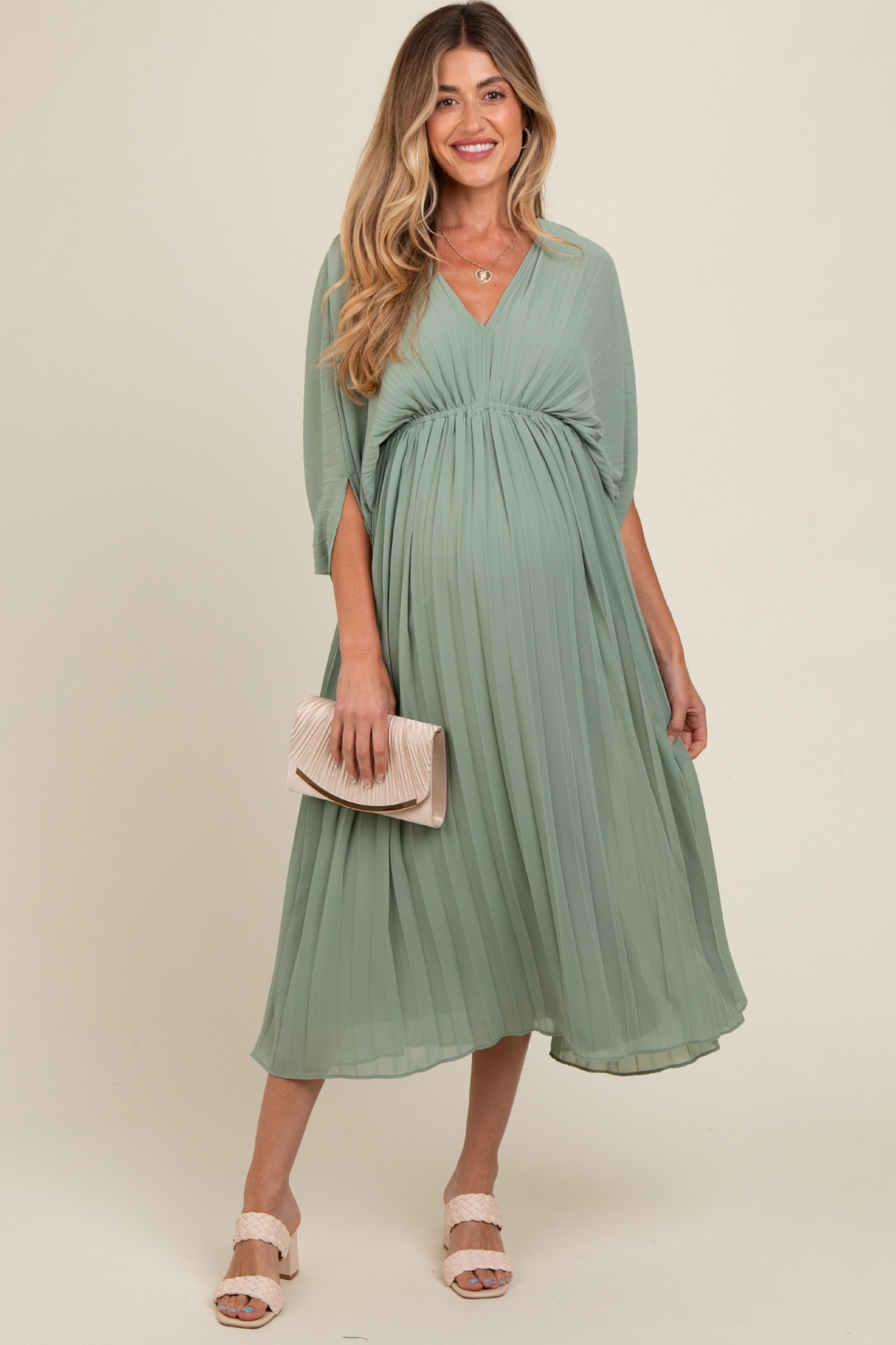 Maternity Light Olive Pleated V Neck Maxi Dress - Light olive