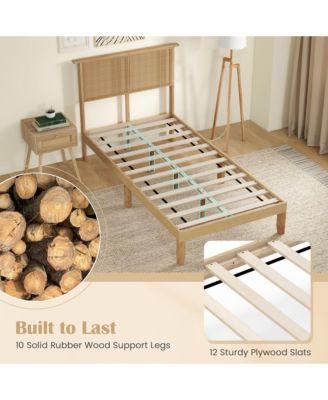 Twin Size Bed Frame w/ Rattan Headboard 10 Solid Wood Legs & 12 Wooden Slats
