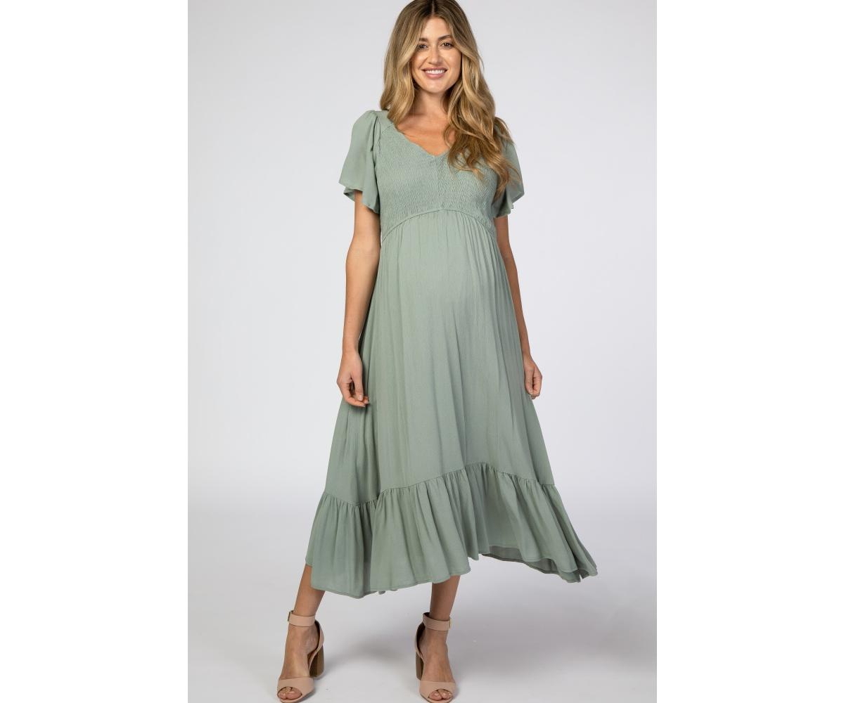 Maternity Mauve Smocked V-Neck Midi Dress - Mauve