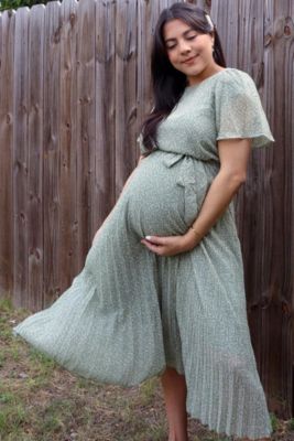 Maternity Light Olive Leaf Print Pleated Midi Dress