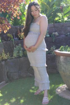 Maternity Taupe Leaf Print Smocked Fitted Midi Dress