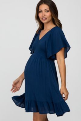 Maternity Navy Blue Smocked Front Ruffle Hem Dress