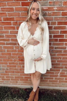 Maternity Beige Crochet Lace Button Front Dress