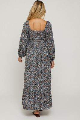 Maternity Navy Floral Long Sleeve Maxi Dress