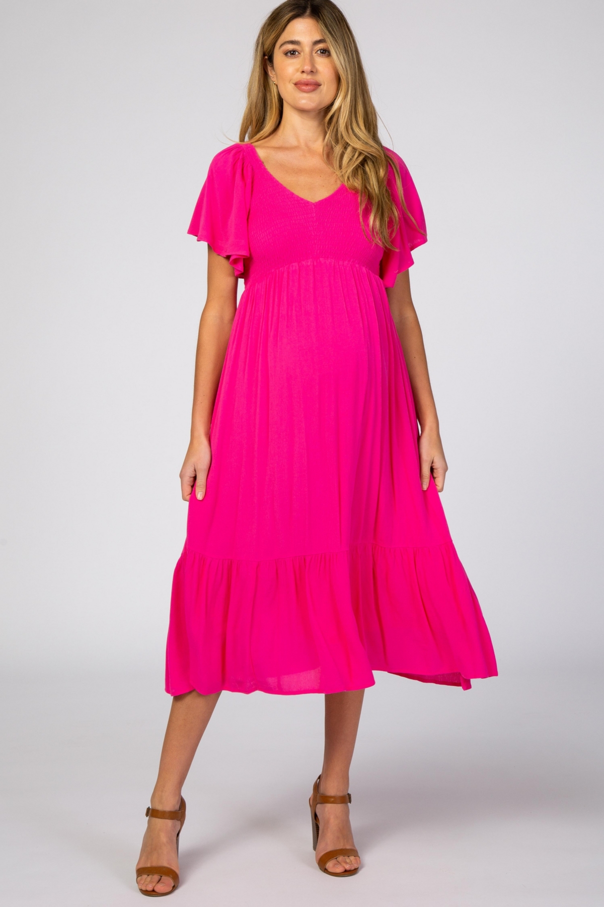 Maternity Fuchsia Smocked Ruffle Dress - Fuschia