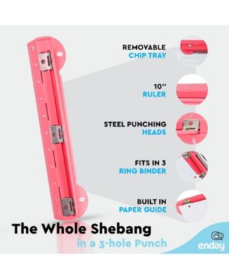3 Hole Punch Pink, Portable Hole Puncher for 3 Ring Binder, 3 Sheets Capacity, Removable Chip Tray, 10” Ruler for School, Office, 1 Pc-by Enday