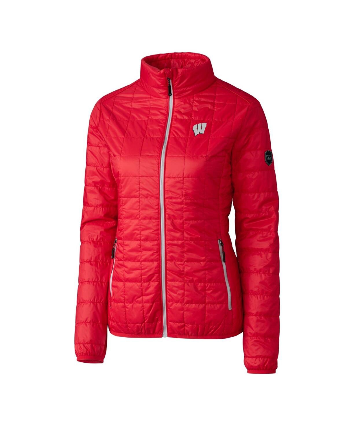 CUTTER & BUCK WOMEN'S RED WISCONSIN BADGERS RAINIER ECO INSULATED PUFFER FULL-ZIP JACKET 