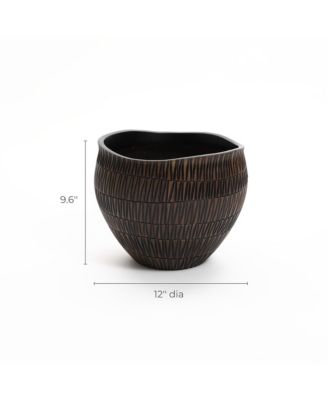 Brown with Black V-Pattern Polyresin 12-Inch Round Planter