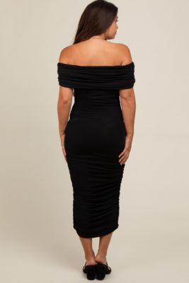 Maternity Black Off Shoulder Ruched Midi Dress