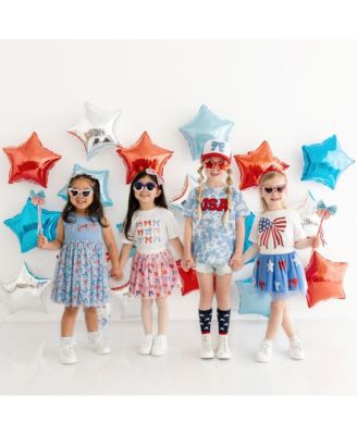 Little Girls Patriotic Sequin Bow Patch Short Sleeve T-Shirt