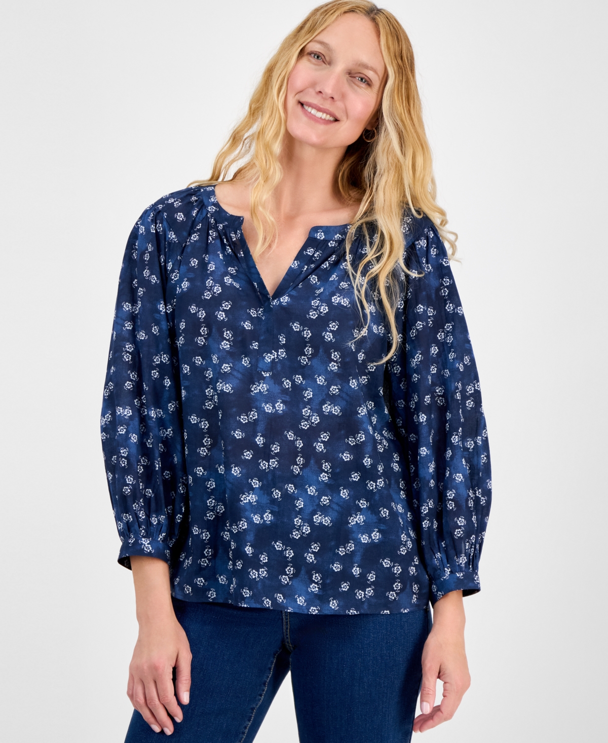 Women's Printed 3/4 Sleeve Split-Neck Blouse, Exclusively at Macy's - Spot Airy Blue