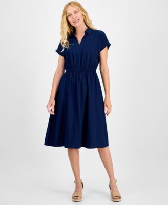 Style & Co - Women's Solid Elastic-Waist Cotton Collared Dress