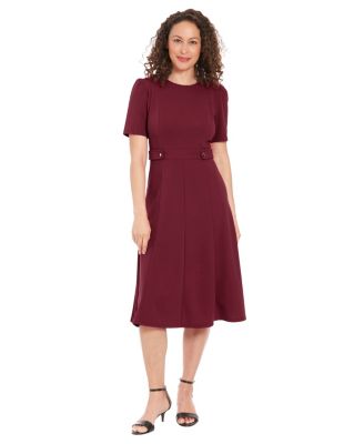London Times - Women's Puff-Sleeve Tab-Detail Fit & Flare Dress