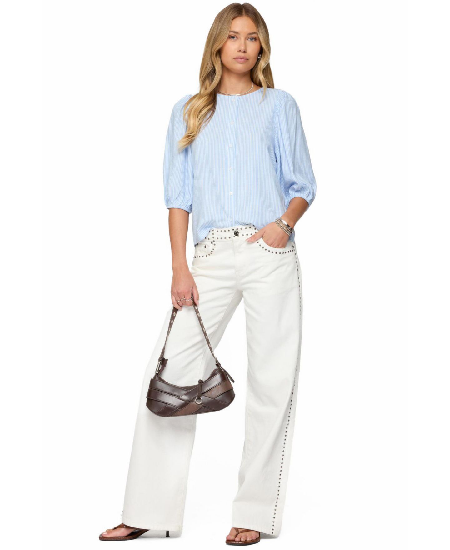 Женская рубашка Edikted Pinstripe Linen Look Button Up, цвет: Светлый синий — фото 4