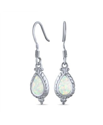 Antique Cable Milgrain Cameo Style Teardrop Iridescent White Created Opal Drop Dangle Earrings .925 Sterling Silver French Wire