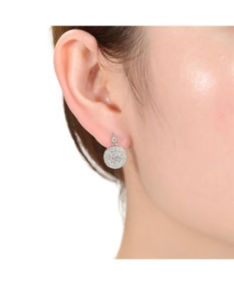 White Gold Plated with Clear Cubic Zirconia Concentric Halo Medallion Drop Earrings
