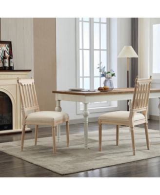 Antique Dining Chairs - Linen Fabric Upholstered Wooden Chairs Set of 2