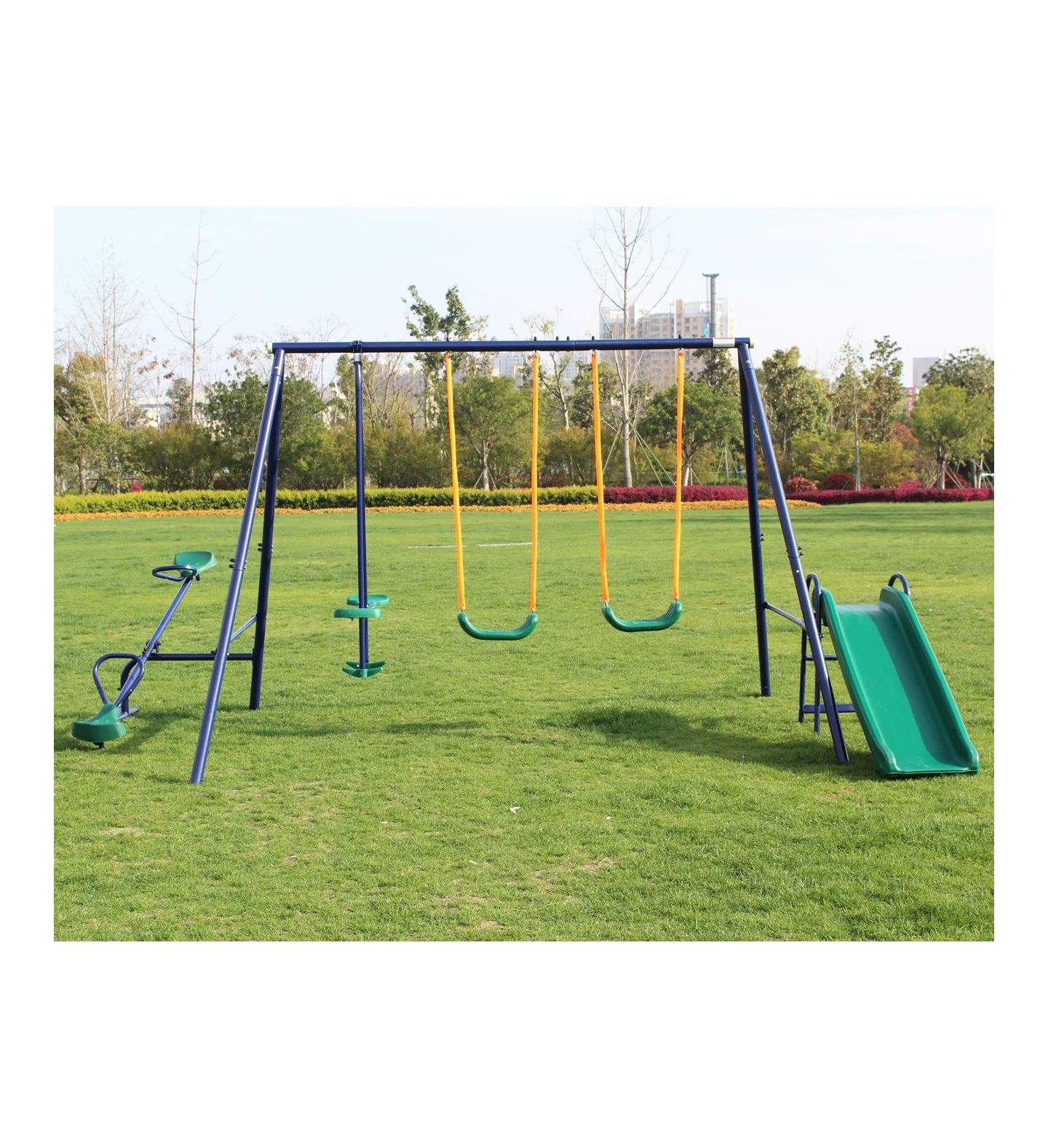 Детские игрушки Flynama Heavy-Duty Steel Swing Set with 2 Swings, Glider, Slide & See-Saw, 7-Child Capacity, Ages 3-8 — фото 2